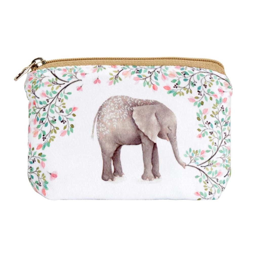NWT Elephant Print Pouch Bag Zip Small Floral Detail Cute Boho Cream Off White